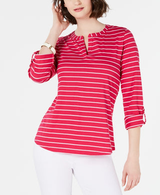 Charter Club Women's Striped Split Neck Top Pink Size Petite Medium
