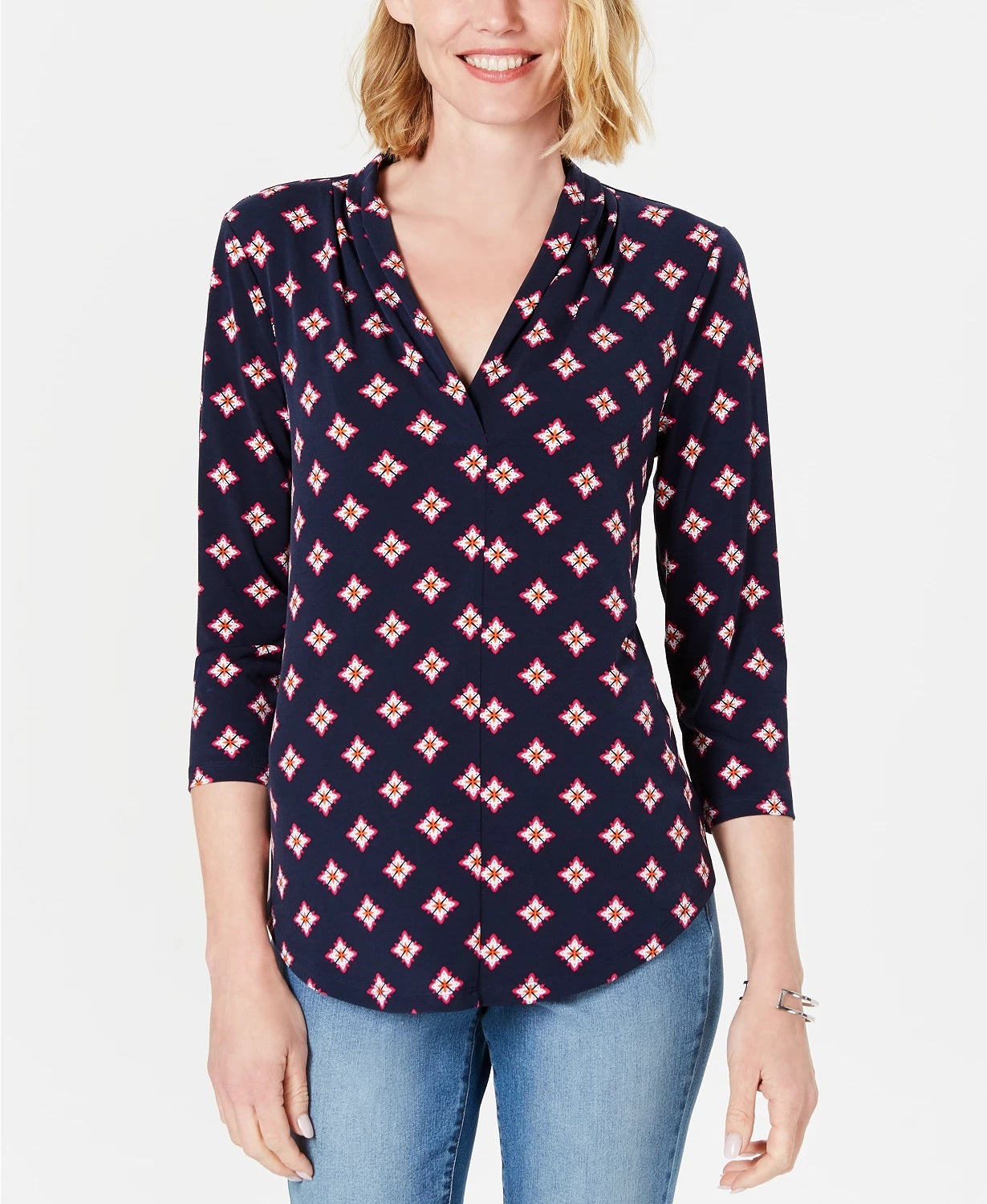 Blusa feminina estampada Charter Club com manga 3/4, azul, tamanho P