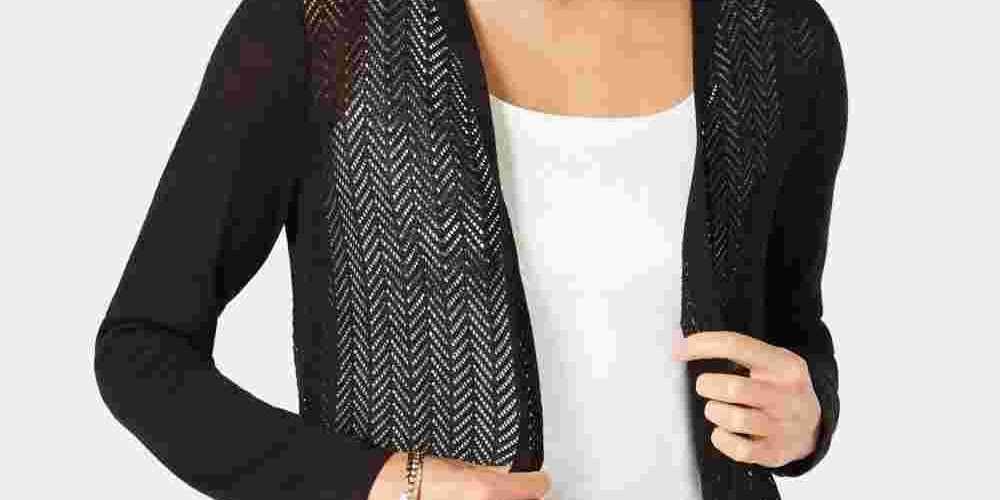 Cardigan feminino Charter Club com abertura em renda, preto, tamanho grande