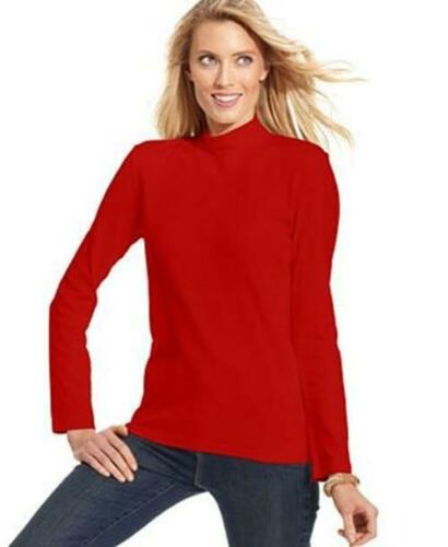 Karen Scott Blusa de algodão com gola alta e manga comprida feminina, vermelha, tamanho pequeno médio