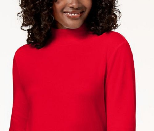 Karen Scott Blusa de algodão com gola alta e manga comprida feminina, vermelha, tamanho pequeno