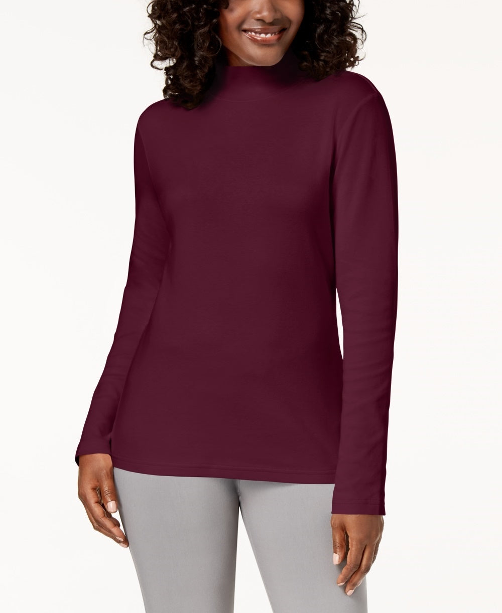 Karen Scott Blusa feminina pequena de algodão com gola alta e manga comprida, vermelha, tamanho P