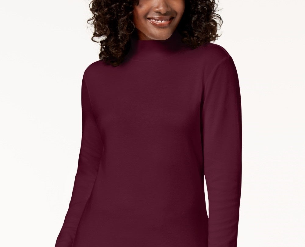 Karen Scott Blusa feminina pequena de algodão com gola alta e manga comprida, vermelha, tamanho P