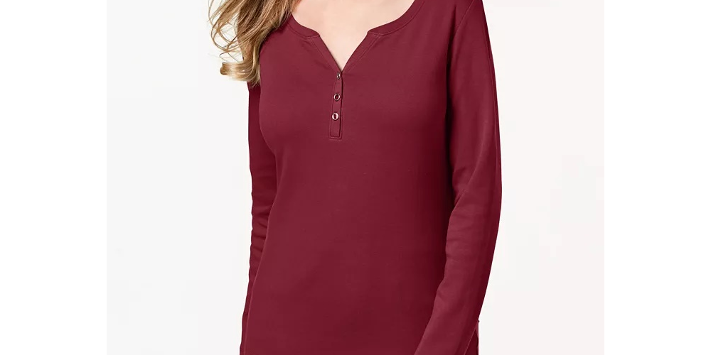 Karen Scott Top Henley de Algodão Feminino Azul Escuro Tamanho Extra Grande