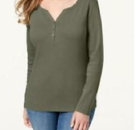 Karen Scott Top Henley de Algodão Feminino Verde Tamanho P