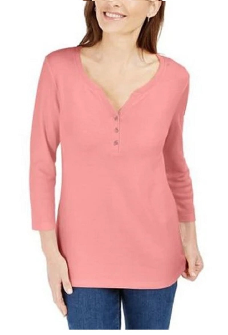 Karen Scott Top Henley de Algodão Feminino Rosa Escuro Tamanho Grande