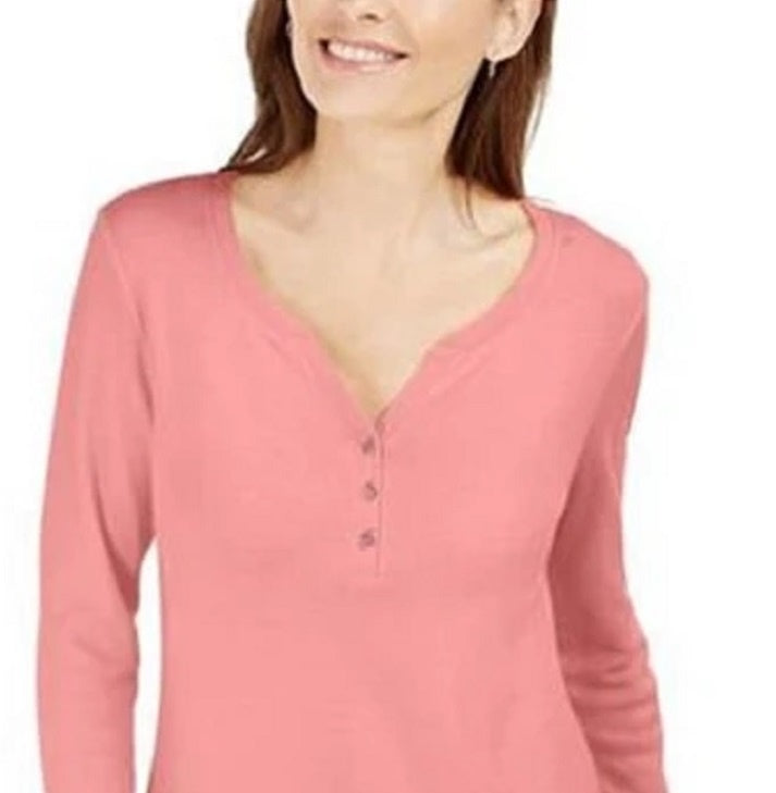Karen Scott Top Henley de Algodão Feminino Rosa Escuro Tamanho Grande