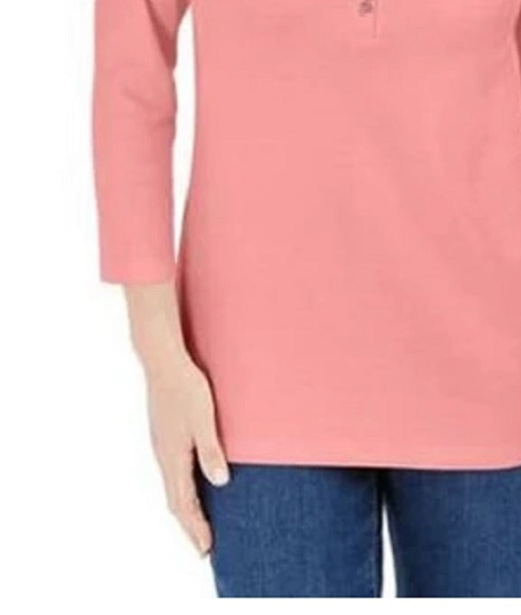 Karen Scott Top Henley de Algodão Feminino Rosa Escuro Tamanho Grande