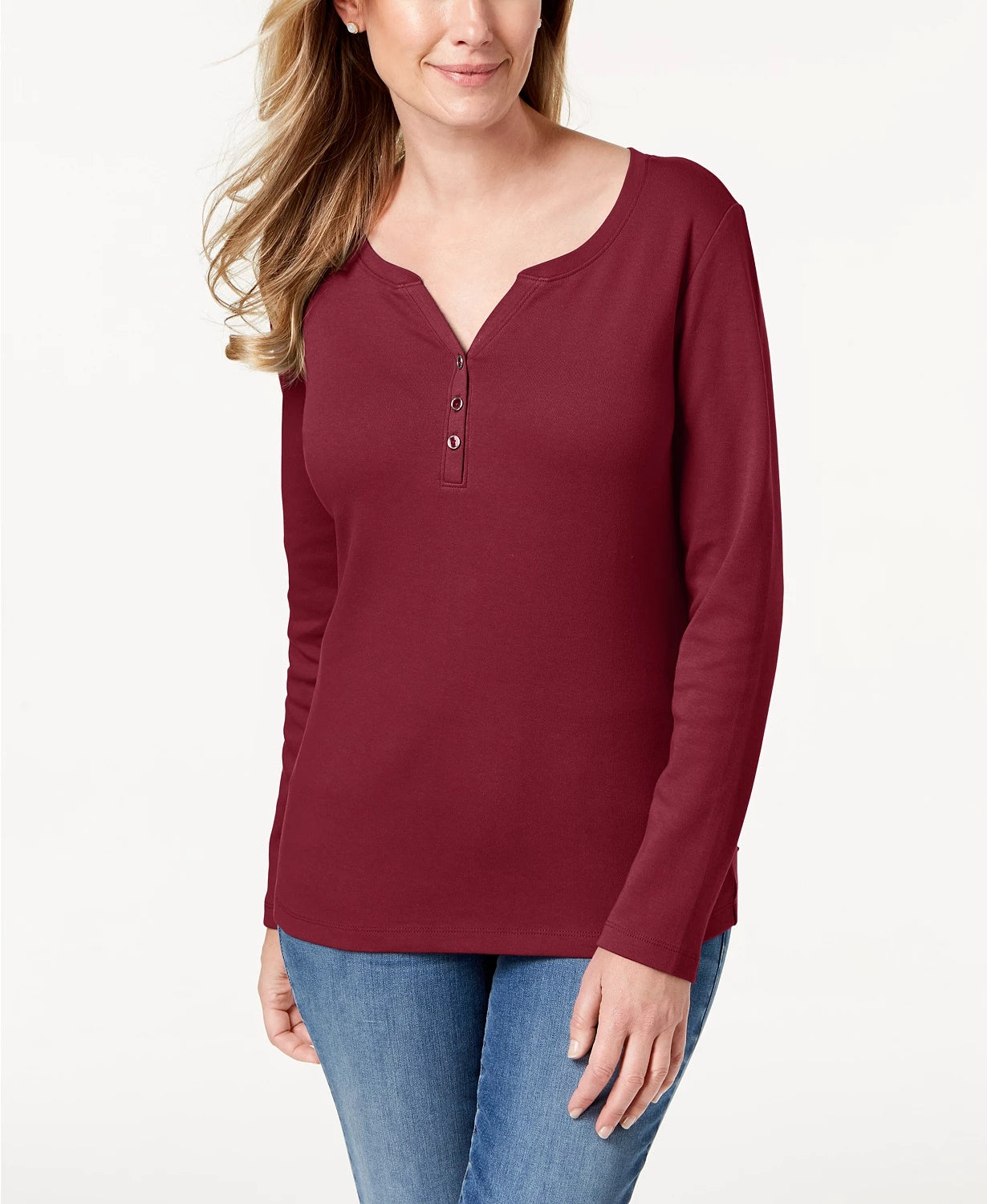 Karen Scott Top Henley de Algodão Feminino Roxo Tamanho Extra Grande