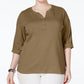 Karen Scott Blusa Feminina Petite Cotton Gola Henley Marrom Tamanho Médio Regular