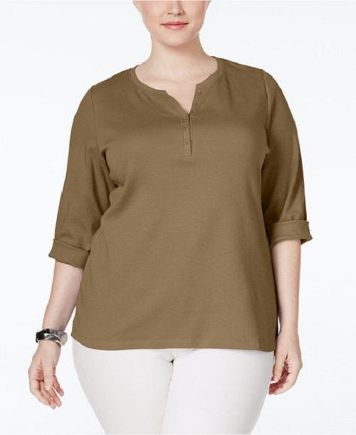 Karen Scott Blusa Feminina Petite Cotton Gola Henley Marrom Tamanho Médio Regular