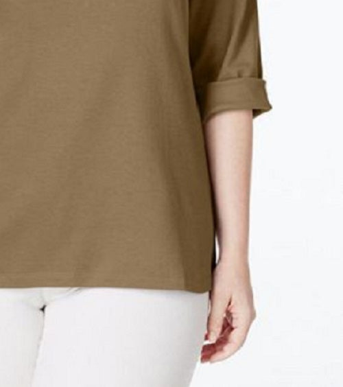 Karen Scott Blusa Feminina Petite Cotton Gola Henley Marrom Tamanho Médio Regular