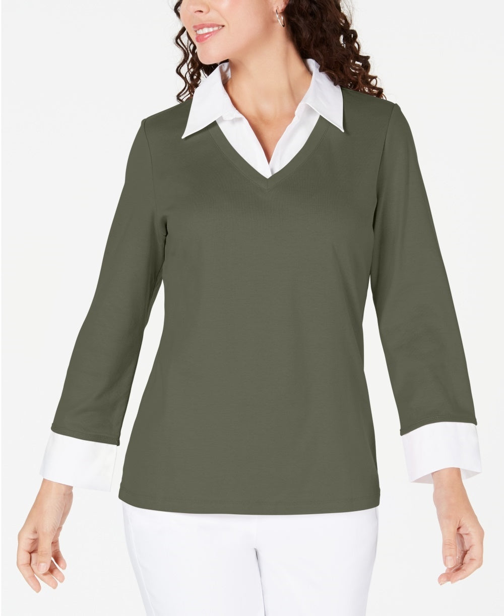 Blusa de algodão com aparência em camadas feminina Karen Scott, verde, tamanho pequeno e pequeno