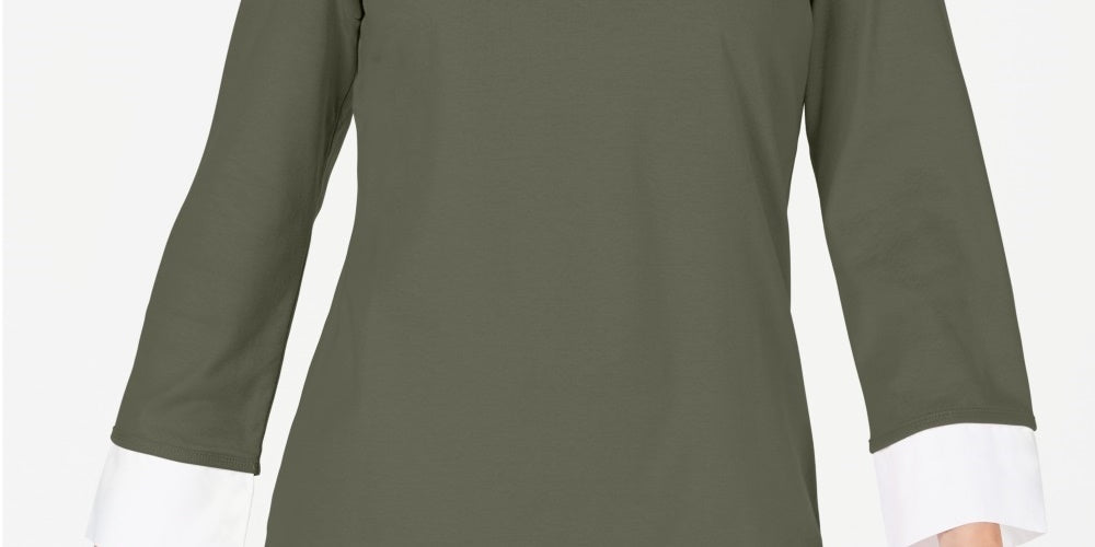 Blusa de algodão com aparência em camadas feminina Karen Scott, verde, tamanho pequeno e pequeno