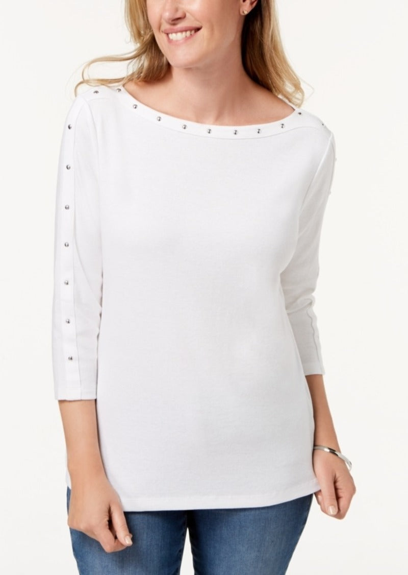 Karen Scott Blusa feminina de algodão com decote canoa e tachas, branca, tamanho extra grande