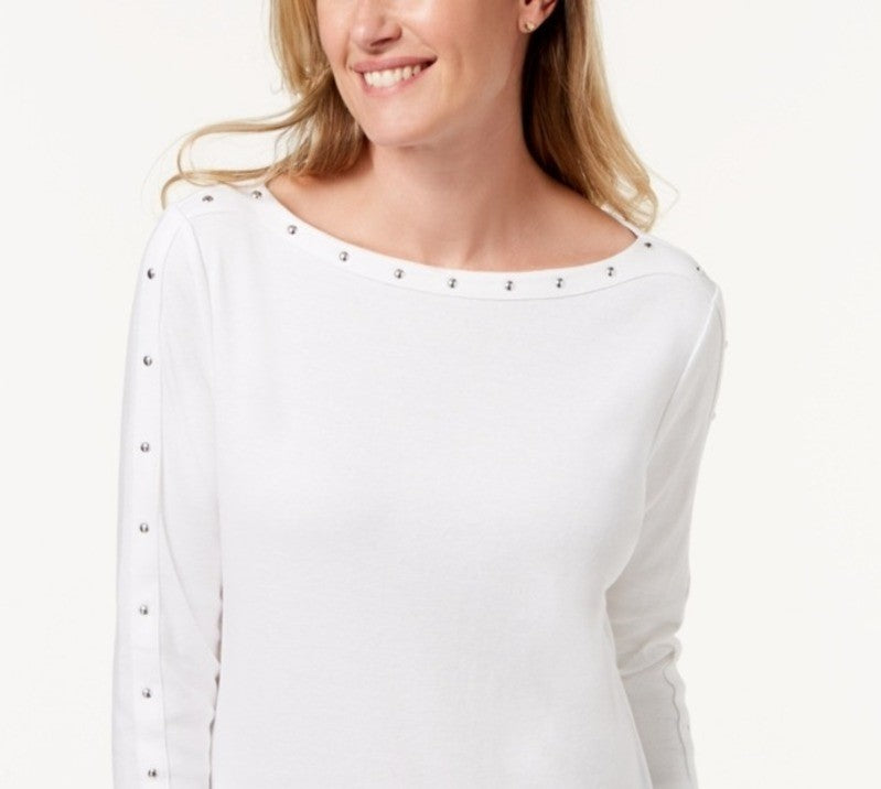 Karen Scott Blusa feminina de algodão com decote canoa e tachas, branca, tamanho extra grande