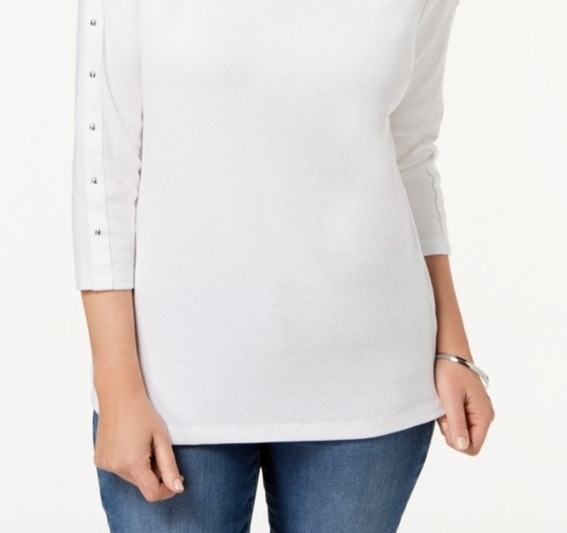 Karen Scott Blusa feminina de algodão com decote canoa e tachas, branca, tamanho extra grande