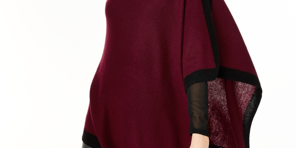 Poncho feminino de cashmere com borda vermelha, tamanho regular, Charter Club