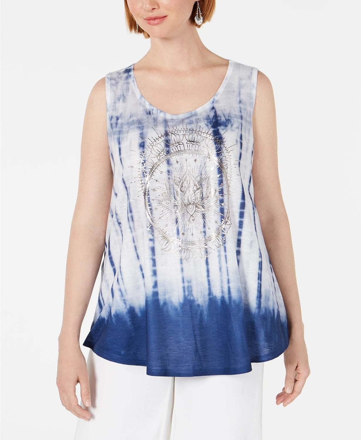Blusa feminina estilo tie-dye sem mangas com decote redondo, azul, tamanho médio