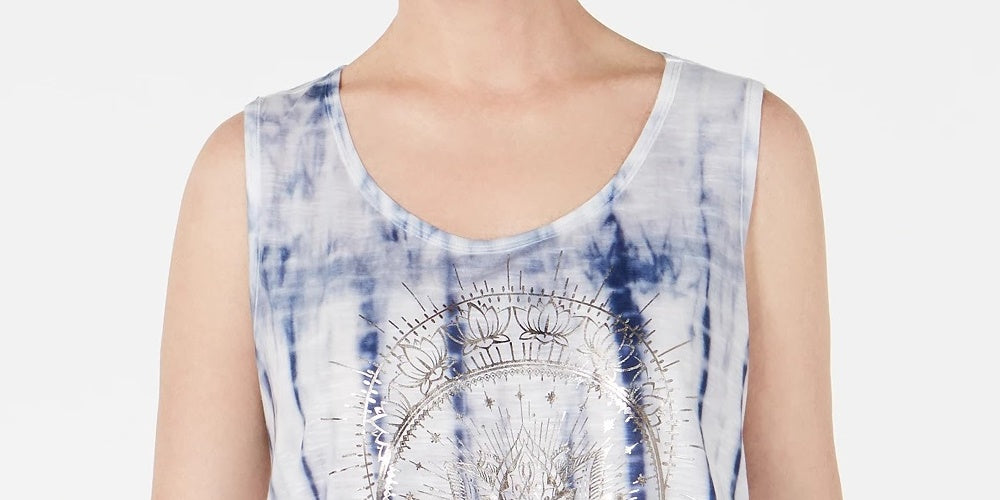 Blusa feminina estilo tie-dye sem mangas com decote redondo, azul, tamanho médio