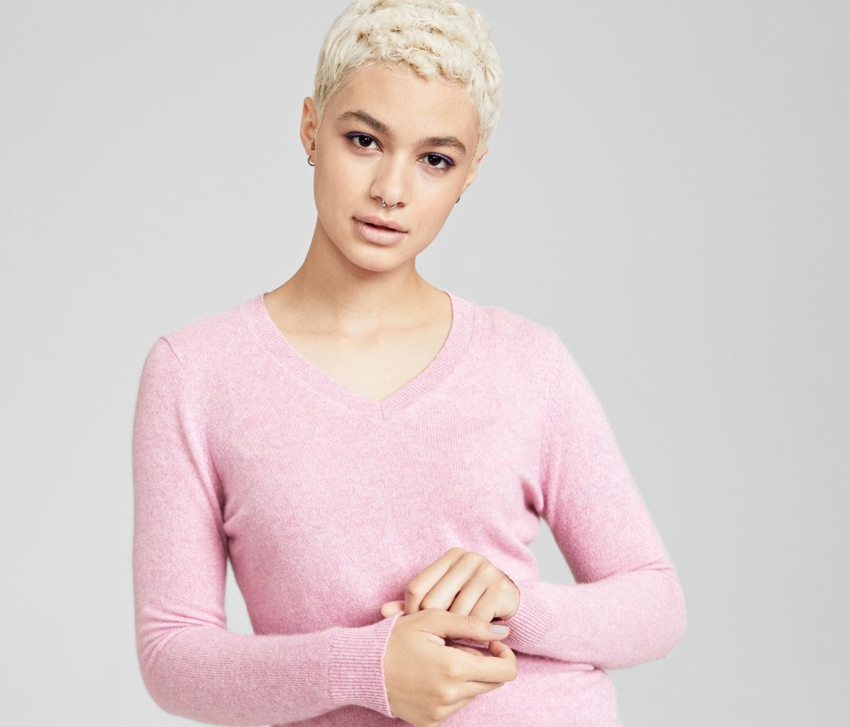 Suéter de cashmere puro com decote em V feminino Charter Club, tamanhos regular e pequeno, rosa, tamanho pequeno