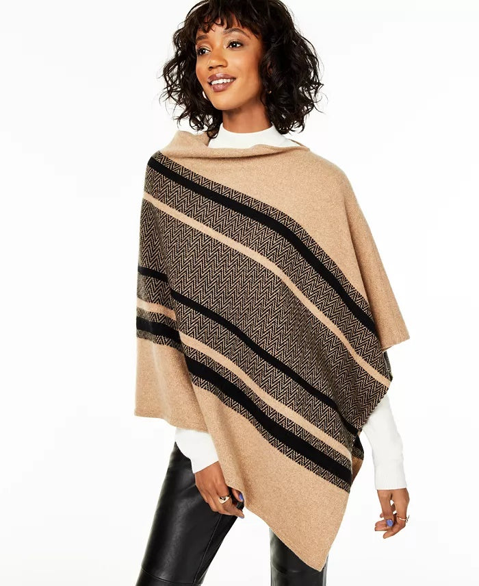 Poncho feminino listrado xadrez de cashmere Charter Club, bege, tamanho regular