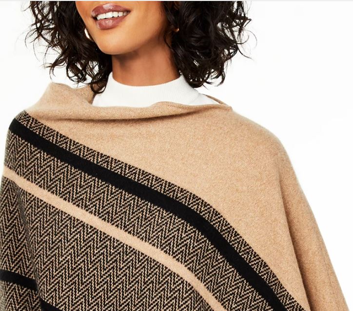 Poncho feminino listrado xadrez de cashmere Charter Club, bege, tamanho regular