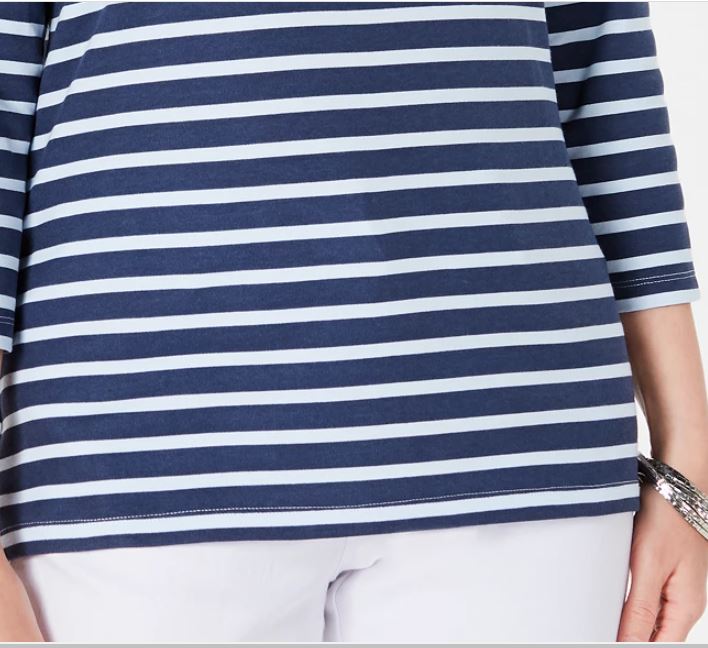 Blusa estampada feminina Karen Scott, manga três quartos, azul, tamanho grande