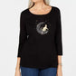 Karen Scott Blusa Feminina Manga 3/4 de Algodão com Enfeites Preto Tamanho Médio