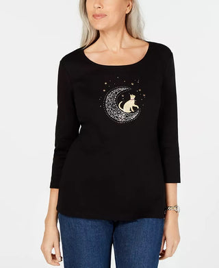 Karen Scott Blusa Feminina Manga 3/4 de Algodão com Enfeites Preto Tamanho Médio