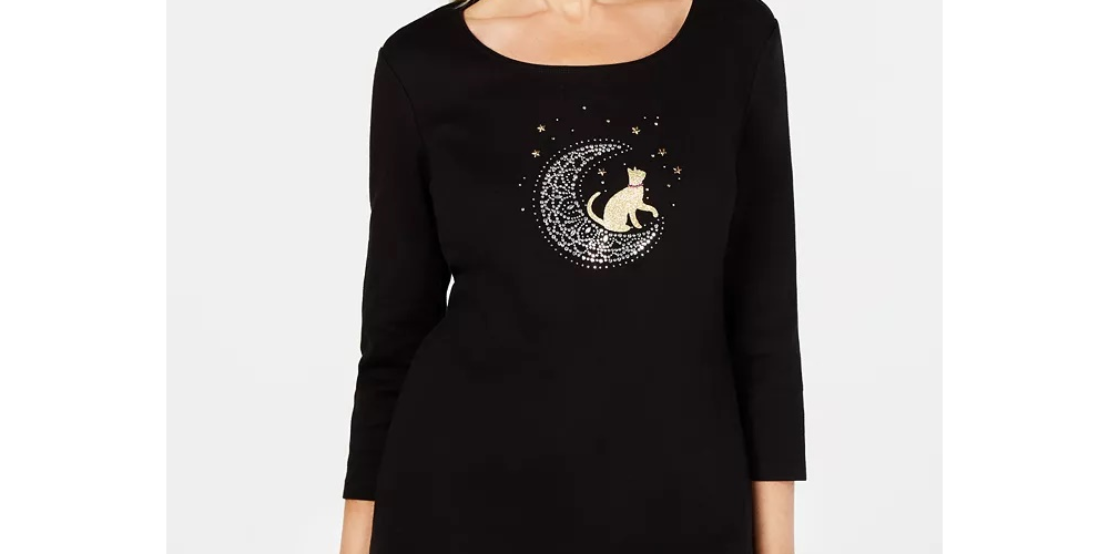 Karen Scott Blusa Feminina Manga 3/4 de Algodão com Enfeites Preto Tamanho Médio