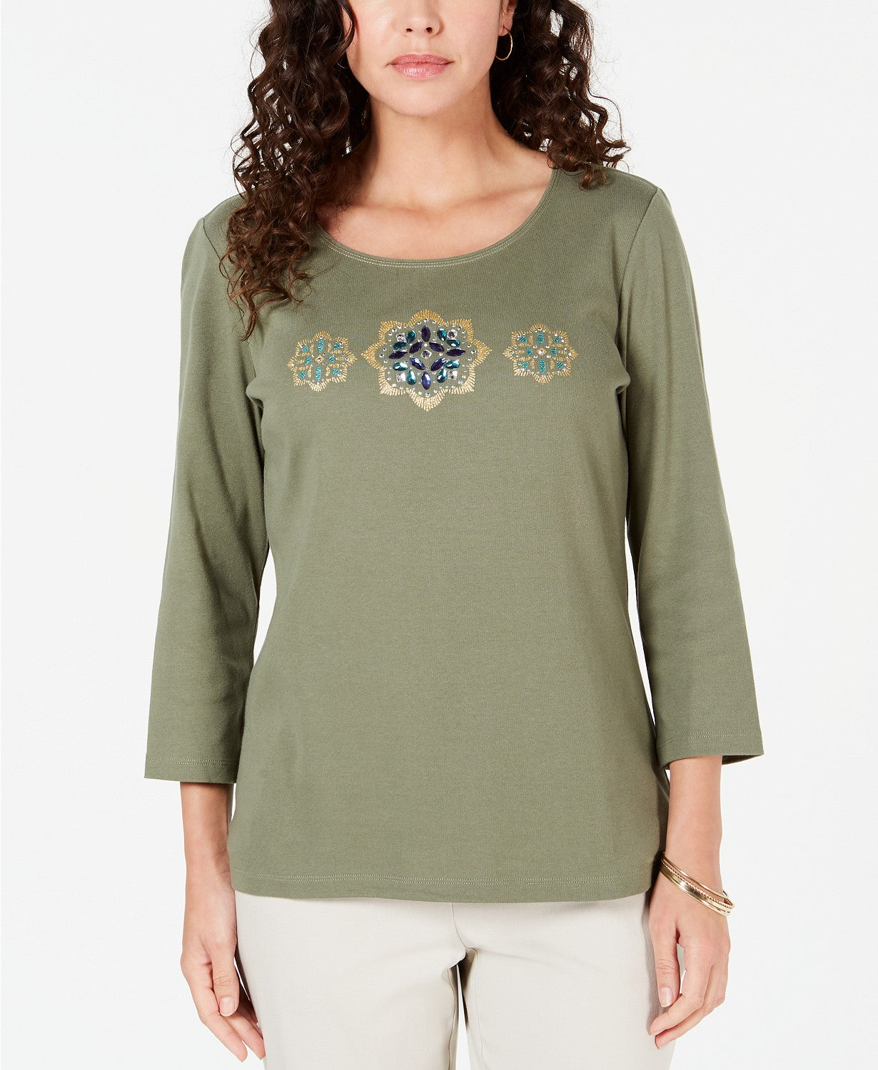 Karen Scott Blusa Feminina de Algodão com Glitter Floral e Estampa Verde Tamanho Extra Pequeno