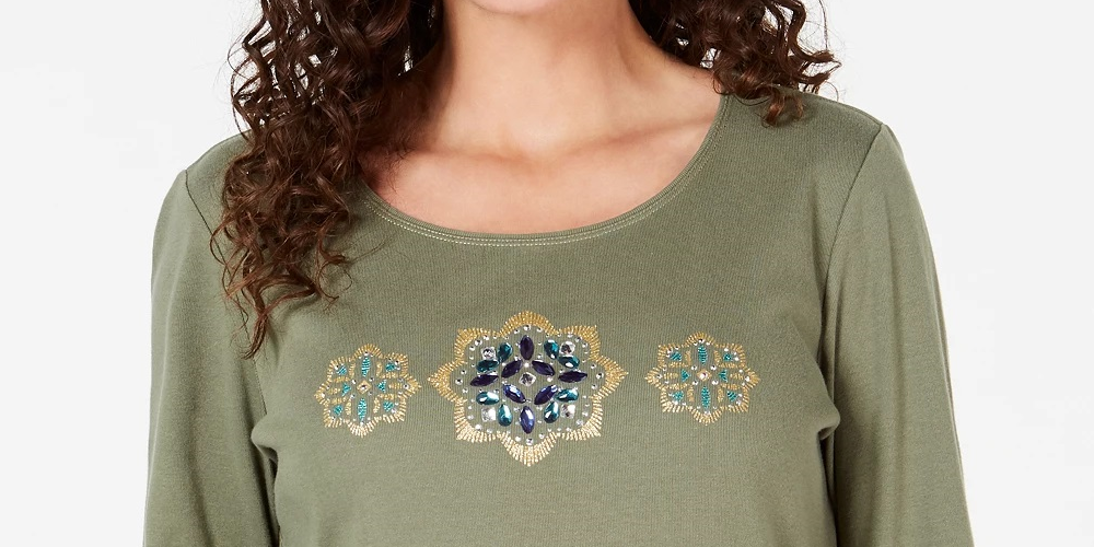 Karen Scott Blusa de algodão com strass feminina, verde, tamanho pequeno