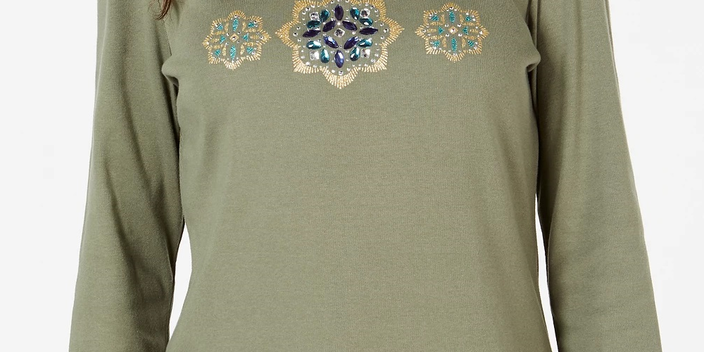 Karen Scott Blusa de algodão com strass feminina, verde, tamanho pequeno