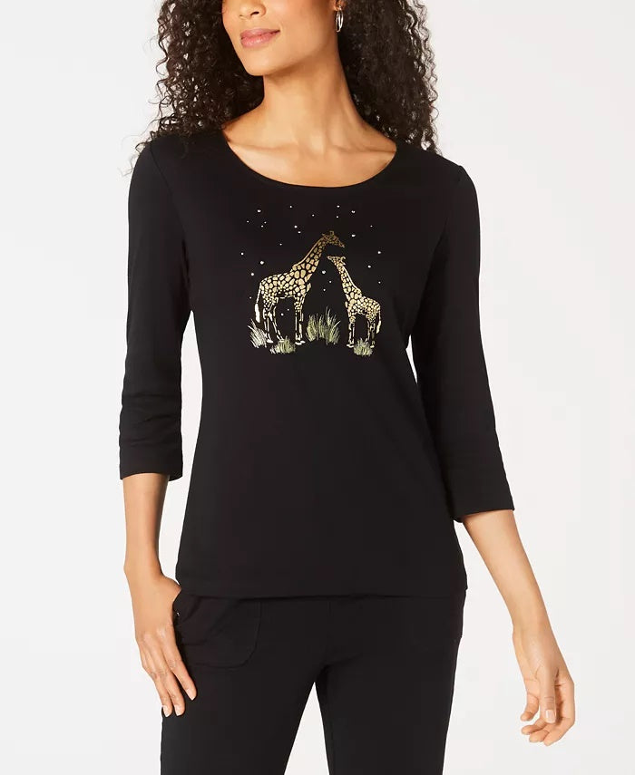 Blusa de algodão estampada feminina Karen Scott, preta, tamanho grande