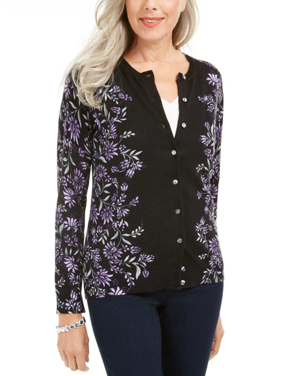 Karen Scott Cardigan Feminino com Estampa Floral e Botões Roxo Tamanho Médio