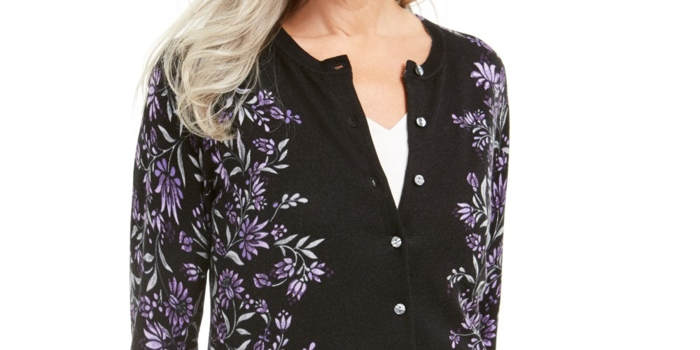 Karen Scott Cardigan Feminino com Estampa Floral e Botões Roxo Tamanho Médio