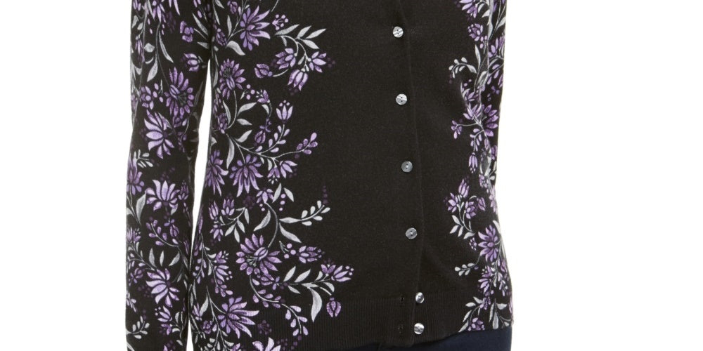Karen Scott Cardigan Feminino com Estampa Floral e Botões Roxo Tamanho Médio