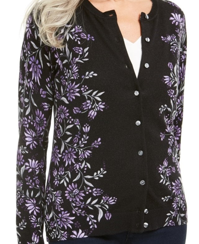Karen Scott Cardigan feminino com estampa de tapeçaria, roxo, tamanho pequeno