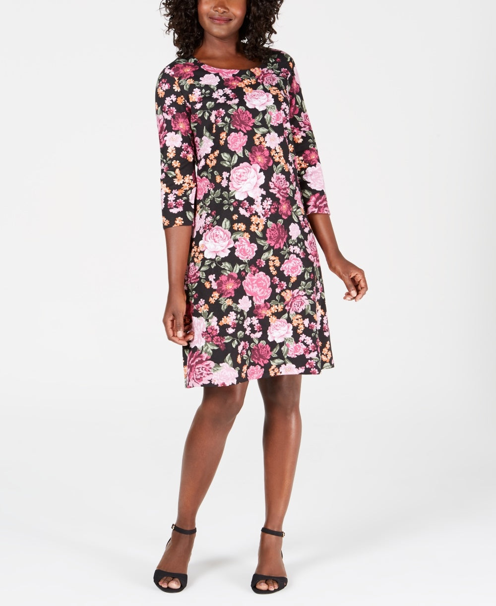 Vestido estampado feminino Karen Scott com decote redondo, preto, tamanho pequeno médio