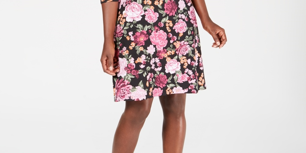 Vestido estampado feminino Karen Scott com decote redondo, preto, tamanho pequeno médio