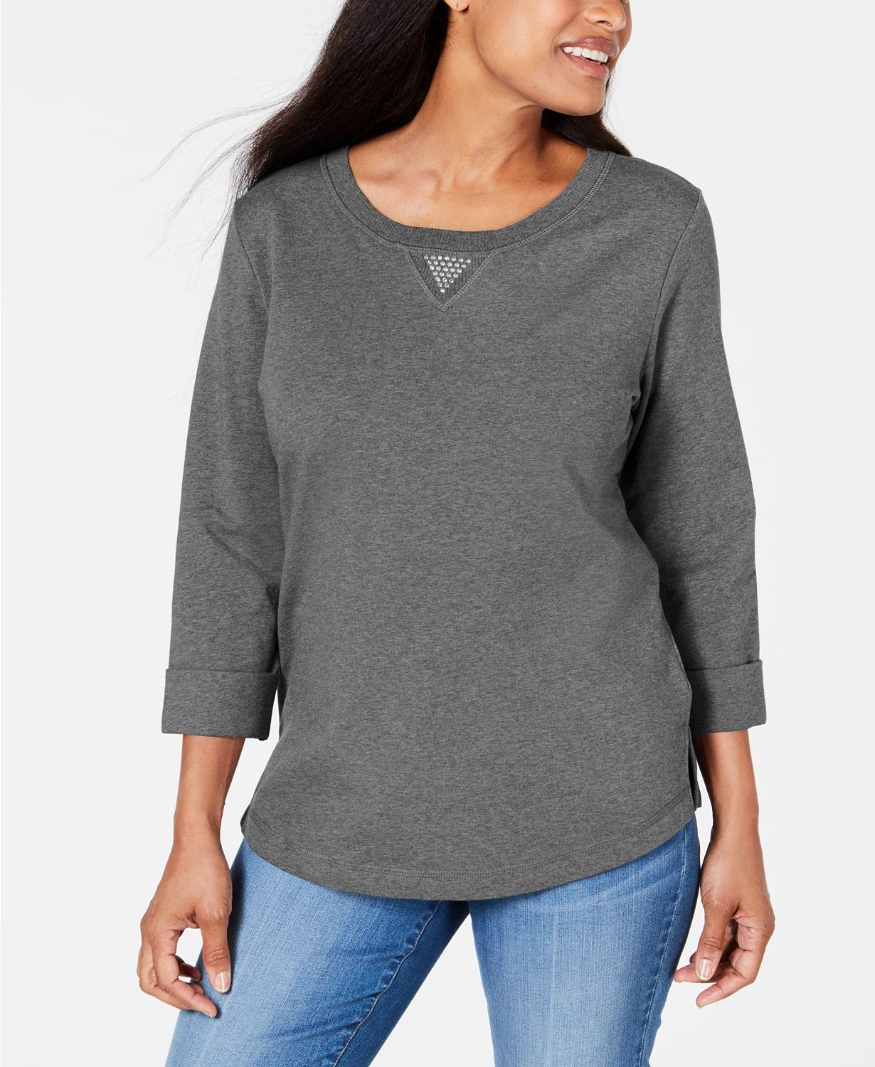 Karen Scott Moletom Feminino Esportivo de Algodão com Tachas Manga 3/4 Cinza Escuro Tamanho P