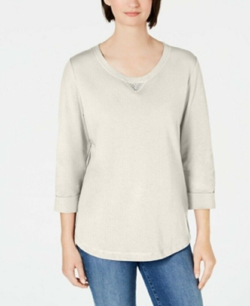 Karen Scott Moletom feminino esportivo de algodão com tachas e manga 3/4, branco, tamanho extragrande