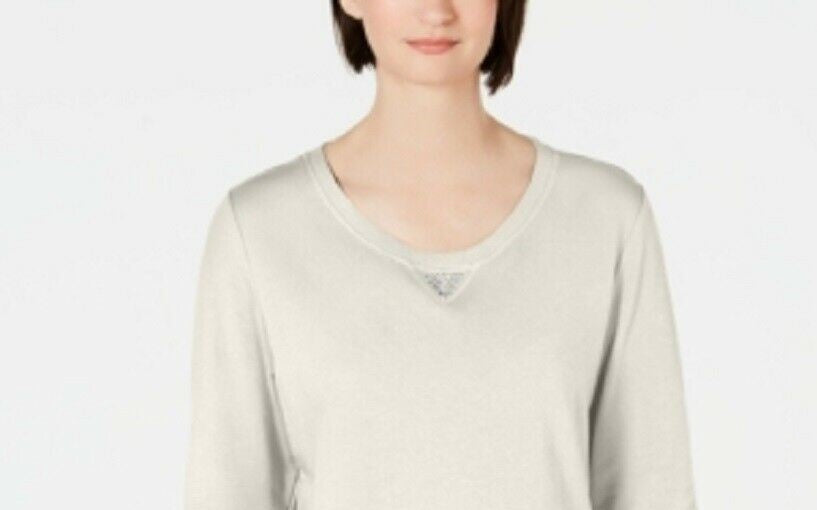 Karen Scott Moletom feminino esportivo de algodão com tachas e manga 3/4, branco, tamanho extragrande