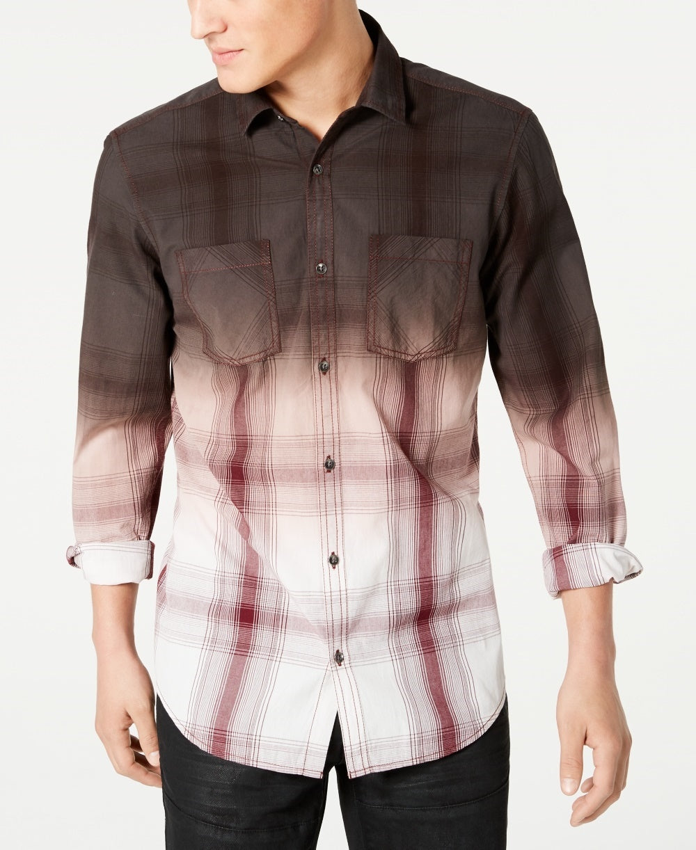Camisa xadrez masculina tingida por imersão, tamanho extra pequeno, tamanho regular, marrom escuro, da INC International Concepts