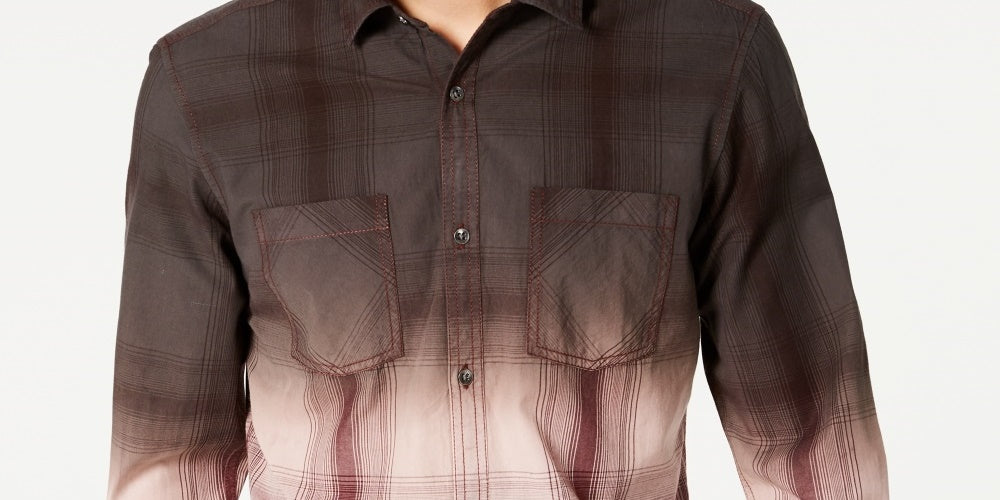 Camisa xadrez masculina tingida por imersão, tamanho extra pequeno, tamanho regular, marrom escuro, da INC International Concepts