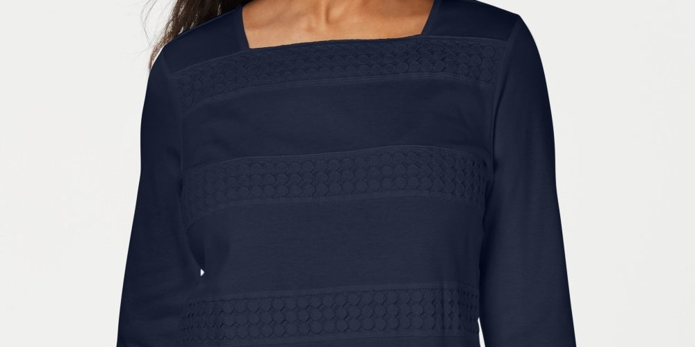 Karen Scott Blusa Feminina Renda Gola Quadrada Manga 3/4 Azul Marinho Tamanho Pequeno