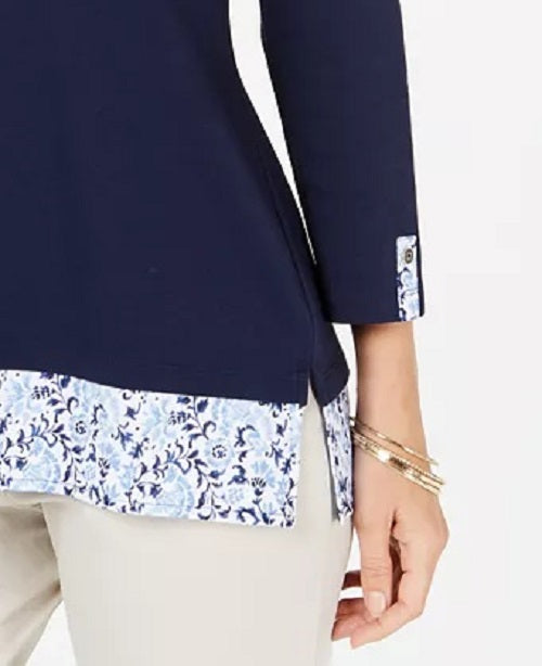Blusa feminina Karen Scott com bainha estampada e manga 3/4, azul marinho, tamanho grande