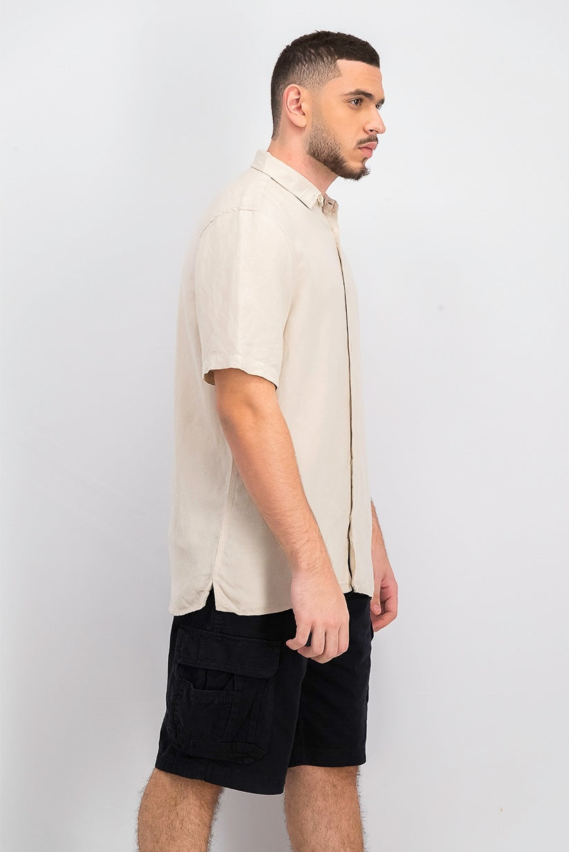 Camisa masculina Alfani Lagoon Stretch em mistura de linho bege, tamanho pequeno