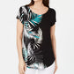 Camiseta feminina Alfani Petite estampada com bainha redonda, preta, tamanho Petit
